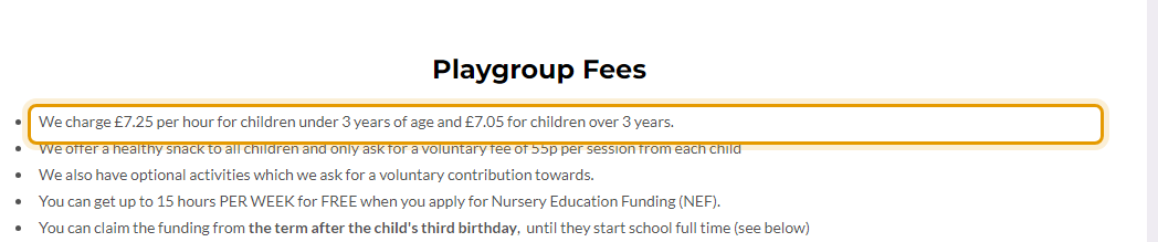 The fees as published on burroughgreenplaygroup.weebly.com/fees.html