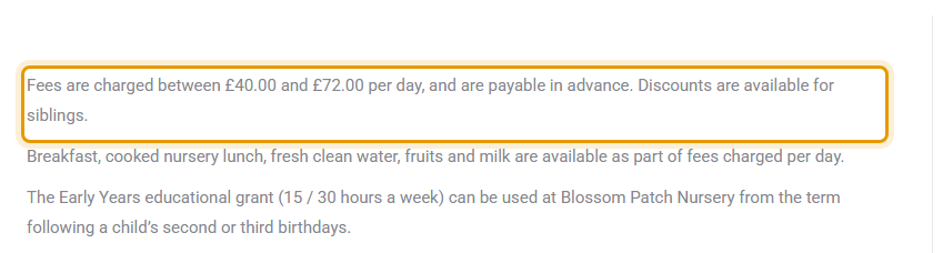 The fees as published on blossompatchnursery.co.uk/fees