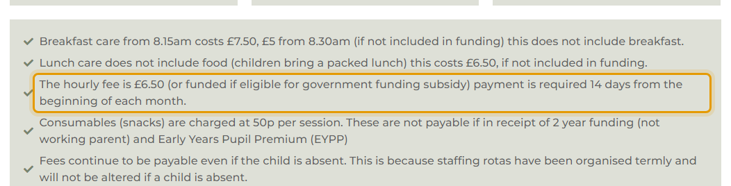 The fees as published on bottesfordbunnies.co.uk/sessions-prices-funding