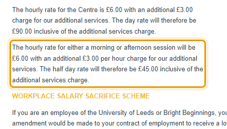 The fees as published on brightbeginningschildcare.co.uk/prices