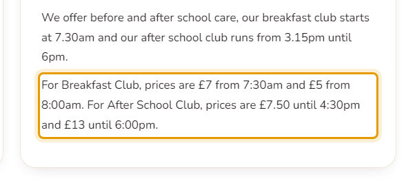 The fees as published on brightsparks-preschool.co.uk/about-us