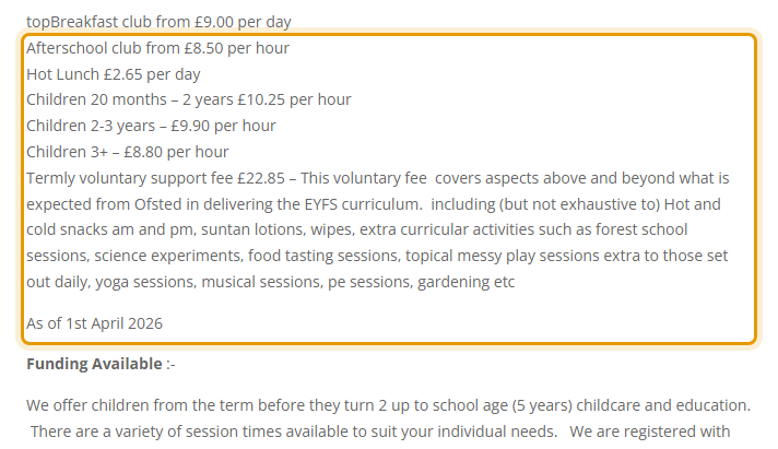 The fees as published on brightstartbg.co.uk/price-lists