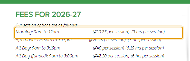 The fees as published on brooksidepreschool.co.uk/sessions