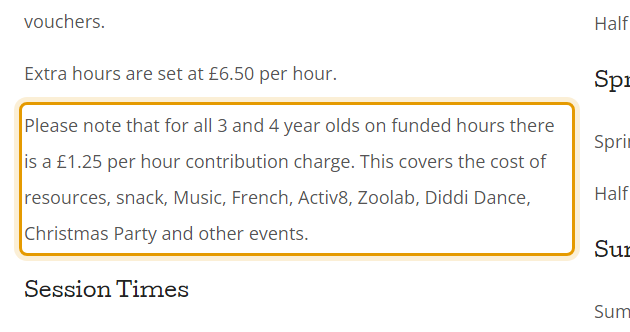 The fees as published on busybeenurseryschool.co.uk/dates-fees