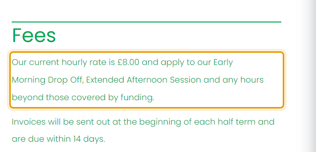 The fees as published on busybeesalton.co.uk/funding-options