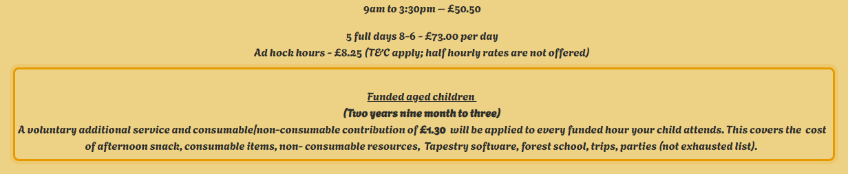 The fees as published on buttercupsnurseryschool.co.uk/our-prices