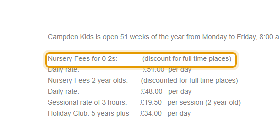 The fees as published on campdenkids.co.uk/fees.html