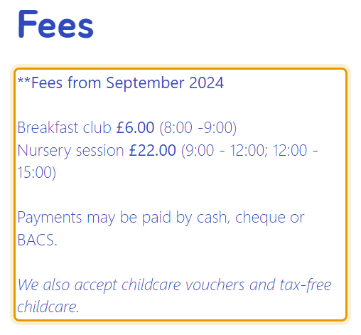 The fees as published on butterfliesmontessori.co.uk/fees