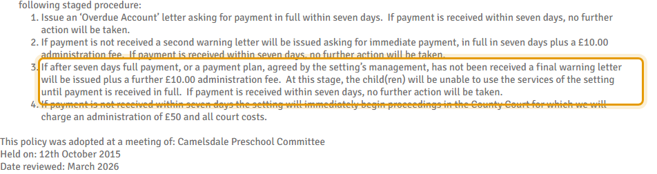 The fees as published on camelsdalepreschool.com/fees