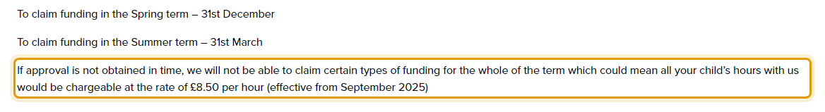 The fees as published on caterpillarspreschool.org/funding