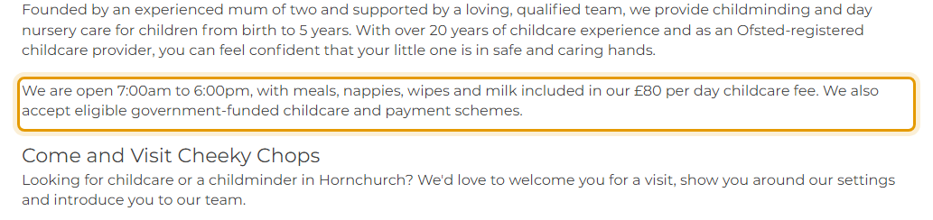 The fees as published on cheekychopschildmindingservices.com