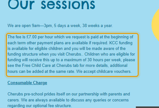 The fees as published on cherubspreschool.co.uk/about
