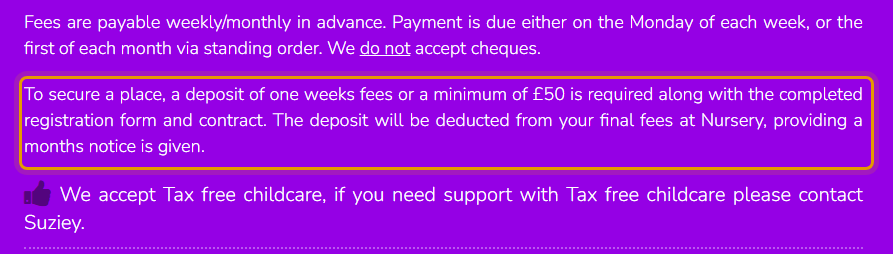 The fees as published on childsplay-dewsbury.co.uk/prices