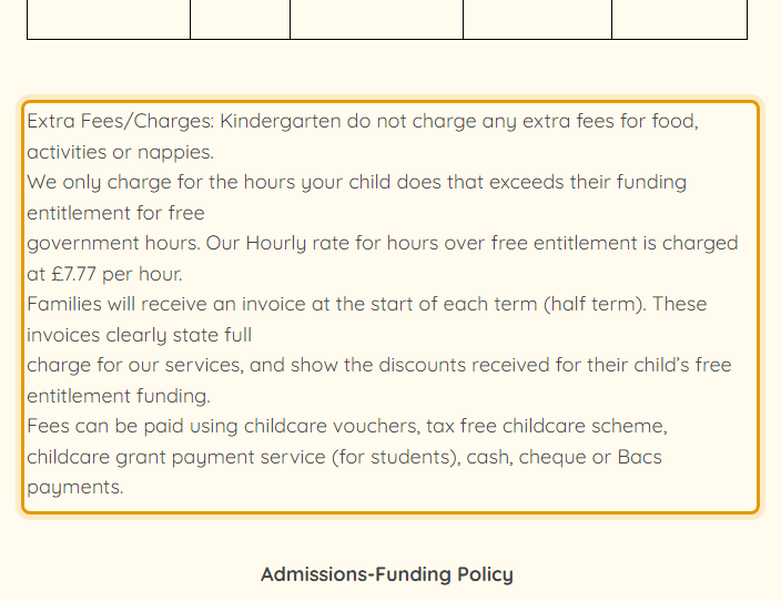 The fees as published on chippingwardenkindergarten.co.uk/Test-Page