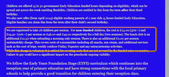The fees as published on churchillpreschool.co.uk/about-us