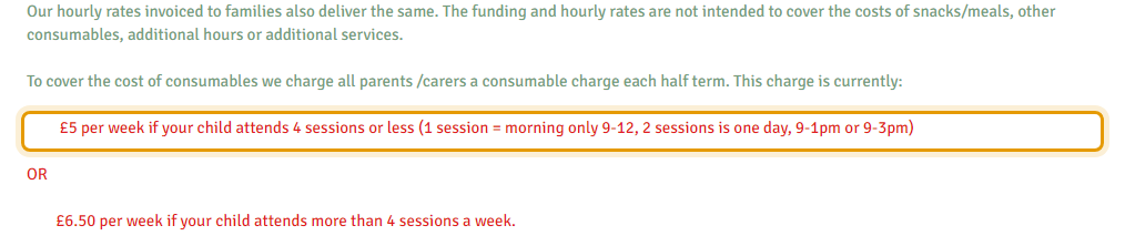 The fees as published on clarebears.org/admissions-session-times-and-fees