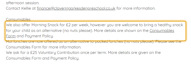 The fees as published on claveringarkesdenpreschool.co.uk/sessions-fees