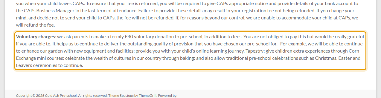 The fees as published on coldashpreschool.org.uk/sessions