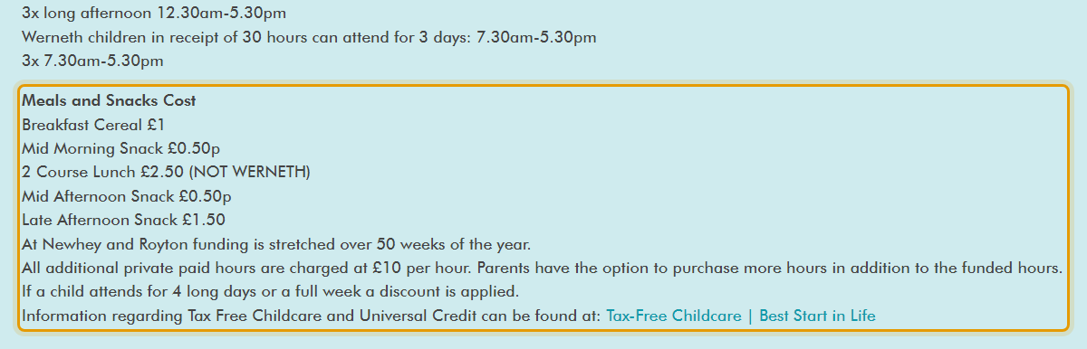 The fees as published on channingschildcare.co.uk/fees