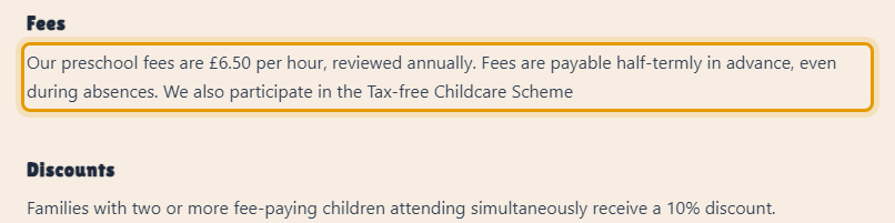 The fees as published on comeandplaypreschool.co.uk/admissions