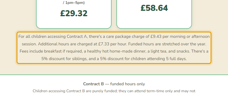 The fees as published on coneygarthfarmdaynursery.co.uk/fees-funding