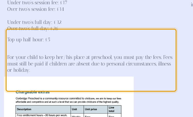 The fees as published on corbridgepreschool.co.uk/about