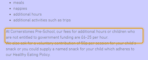 The fees as published on cornerstonespreschool.com/funding-and-fees