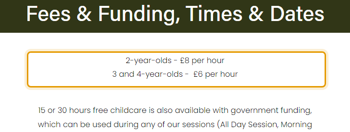 The fees as published on cottagepreschool.co.uk/fees-funding-times-dates