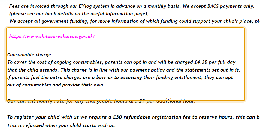 The fees as published on cygnetspreschool.co.uk/fees%20and%20charges.htm