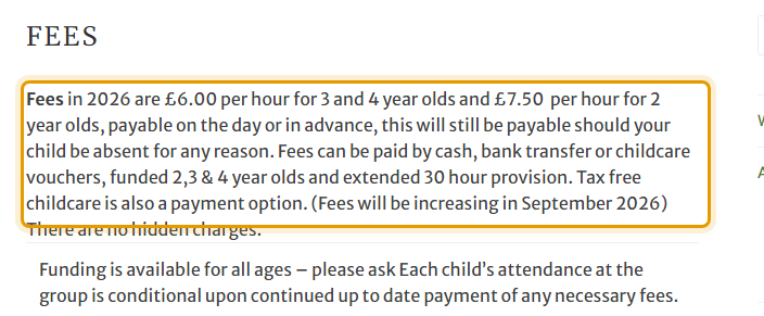 The fees as published on daisychainpreschool.co.uk/about/fees