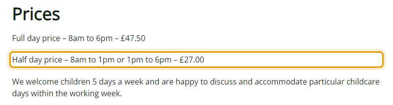 The fees as published on diggorysdaynursery.co.uk/prices
