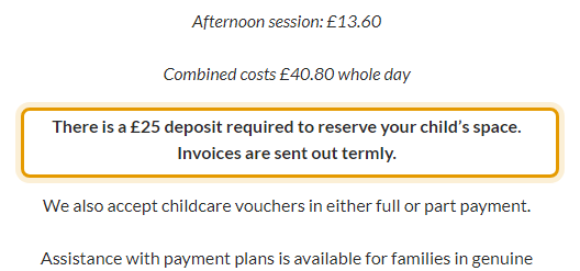 The fees as published on dorchesterpreschool.co.uk/admissions