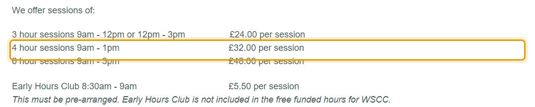 The fees as published on dovenursery.co.uk/opening-times-and-fees
