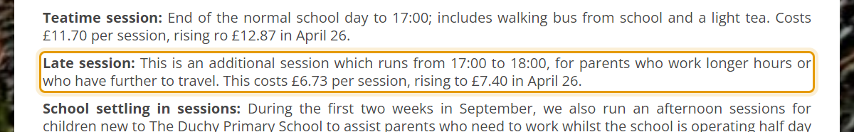 The fees as published on duchypreschool.org.uk/for-parents/our-fees