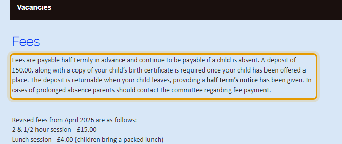 The fees as published on dulwichvillagepreschool.co.uk/about-us/fees