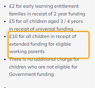 The fees as published on earlyyearsnursery.co.uk/sessions-pricing