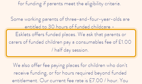 The fees as published on eskletspreschool.co.uk/about-us