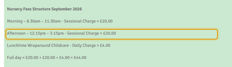 The fees as published on fairhavenunderfives.co.uk/funded-places