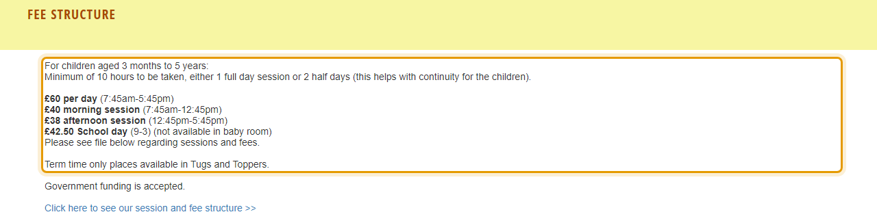 The fees as published on fileychildcare.co.uk/Fees-Registration