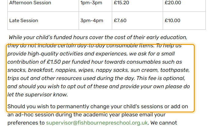 The fees as published on fishbournepreschool.org.uk/Parents/Fees