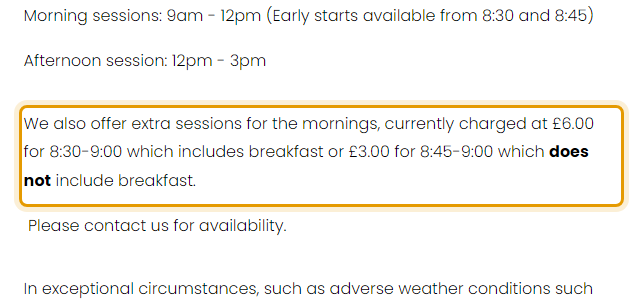 The fees as published on fowey-preschool.co.uk/session-information
