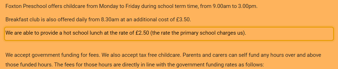 The fees as published on foxtonpreschool.co.uk/information-for-parents/fees