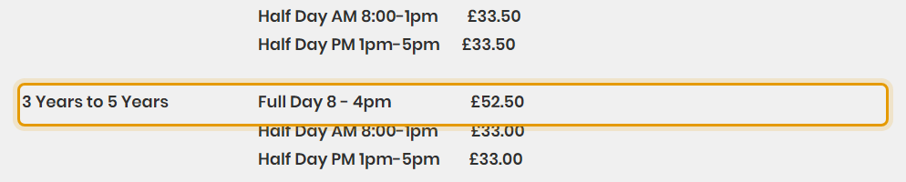 The fees as published on geeslittlebees.com/sessions-and-prices