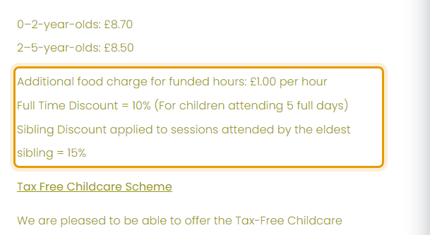 The fees as published on cleevedaynursery.co.uk/our-fees