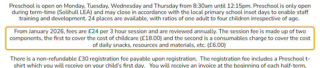 The fees as published on hamptoninardenpreschool.co.uk/sessions-and-prices