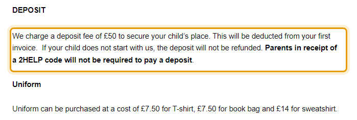 The fees as published on harburypre-school.org.uk/about-us/sessions-and-fees