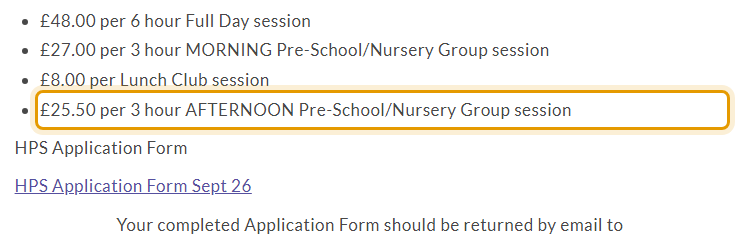 The fees as published on hardingsnurseryandpreschool.co.uk/sessions-fees