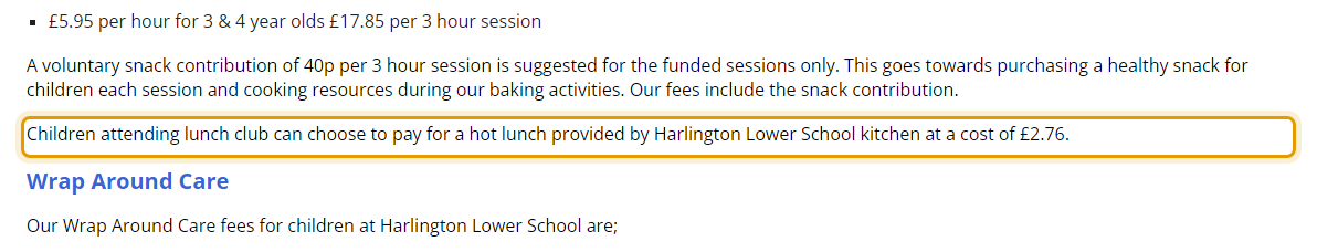 The fees as published on harlingtonvillagepreschool.org.uk/about-us/fees
