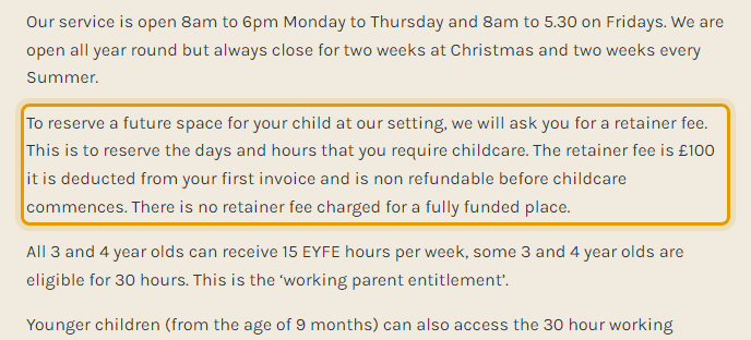 The fees as published on hippykids.co.uk/about-us/fees