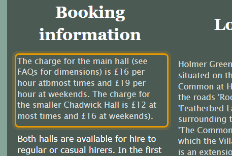 The fees as published on holmergreenvillagehall.org.uk